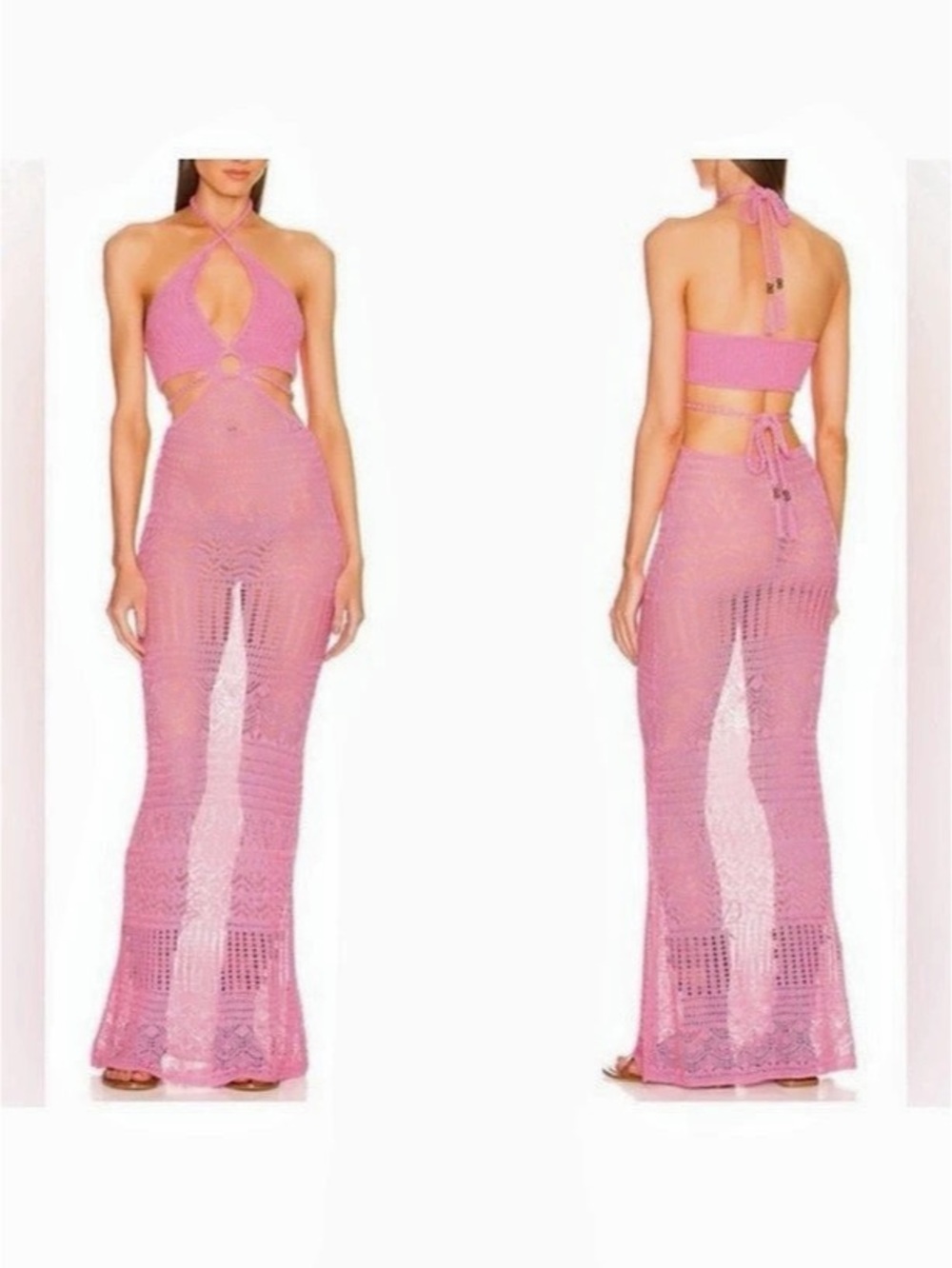 DUNDAS X REVOLVE Maia Maxi Dress Pink Crochet Halter Maxi Dress Size Small Like